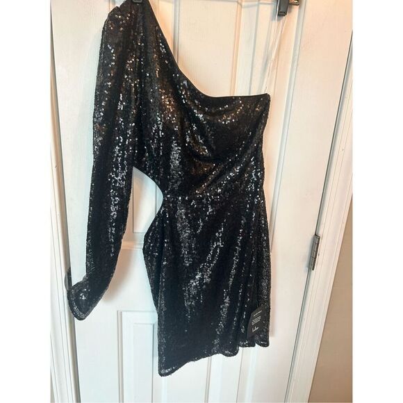 Lulus black  Sequin One-Shoulder Mini Bodycon Dress NWT long sleeve cut out side - Picture 1 of 7